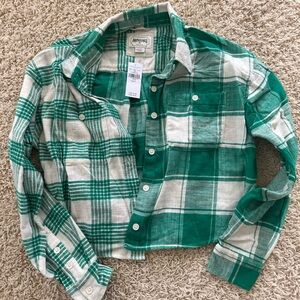 American Eagle Outfitters  Green and White Plaid Shirt-cropped